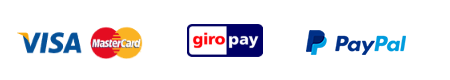 Logo der akzeptierten Zahlungsarten: Kreditkarten VISA und MasterCard, giroPay, PayPal